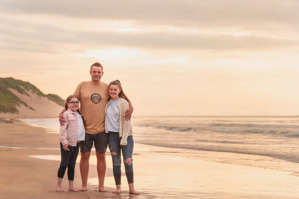 father & daughters on the beach at sunset, family photographer