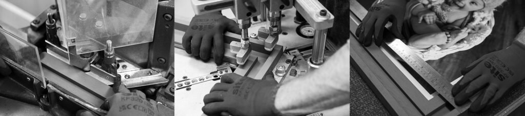 Family Photographer A black and white image showcasing a sequence of hands operating a metal stamping machine, likely used for creating identification tags or similar items.