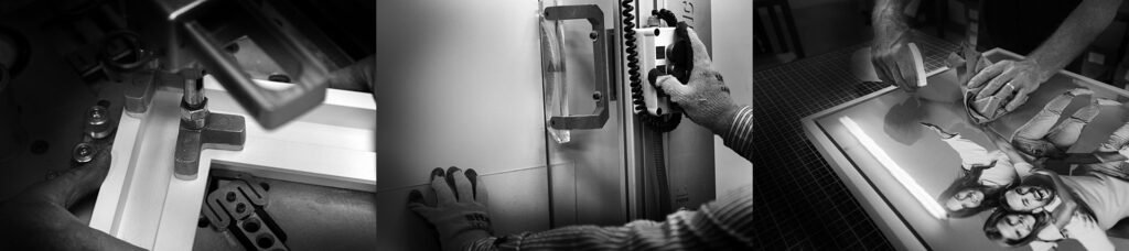 Family Photographer A sequence of black and white images showcasing hands engaged in various tasks: working with machinery, locking a door, playing piano, browsing through photographs, and two people working with documents.